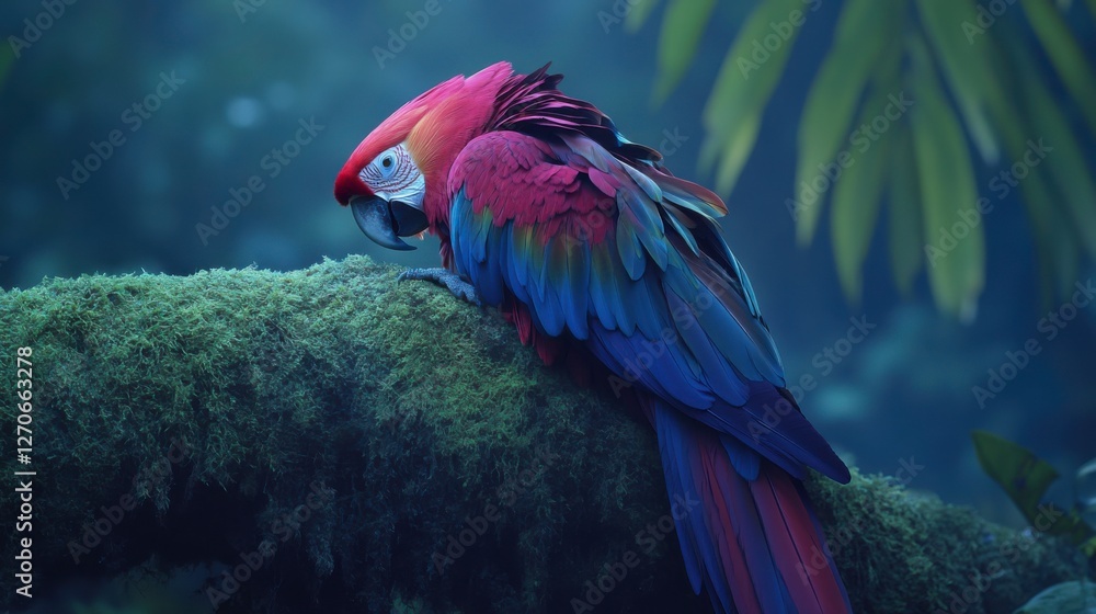Fototapeta premium Vibrant Scarlet Macaw Perched on Lush Green Mossy Branch