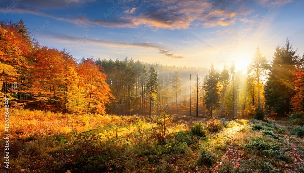 Fototapeta premium Beautiful autumn forest landscape with colorful foliage and warm morning sunlight
