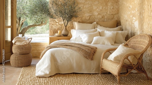 A well-organized bedroom with soft bedding, natural decor, and no visible electronic devices