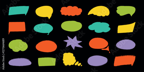 Crayon speech bubble set in trendy doodle style. Color chalk balloons for text, chat, dialog icon. Hand drawn child frames, talk box, cloud. Isolated vector illustration.