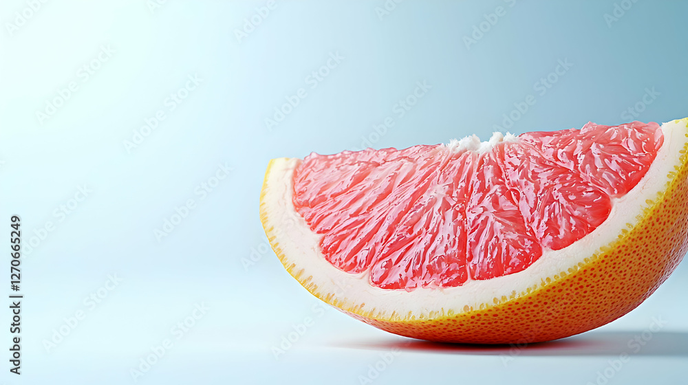 Juicy grapefruit slice, light blue background, healthy food, website banner Juicy grapefruit slice, light blue background, healthy food, website banner