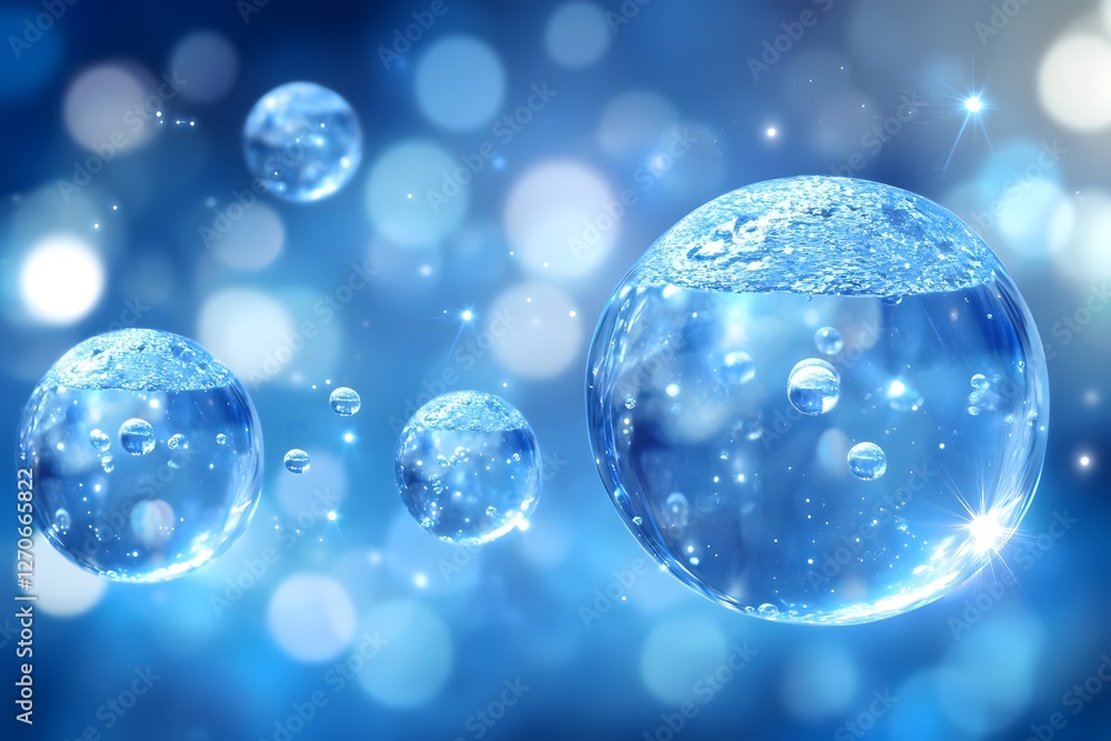 Sparkling Water Droplets, Blue Background, Purity Concept Sparkling Water Droplets, Blue Background, Purity Concept