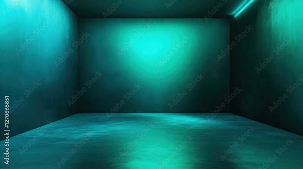 Teal-lit empty room with neon light and textured walls. Teal-lit empty room with neon light and textured walls.