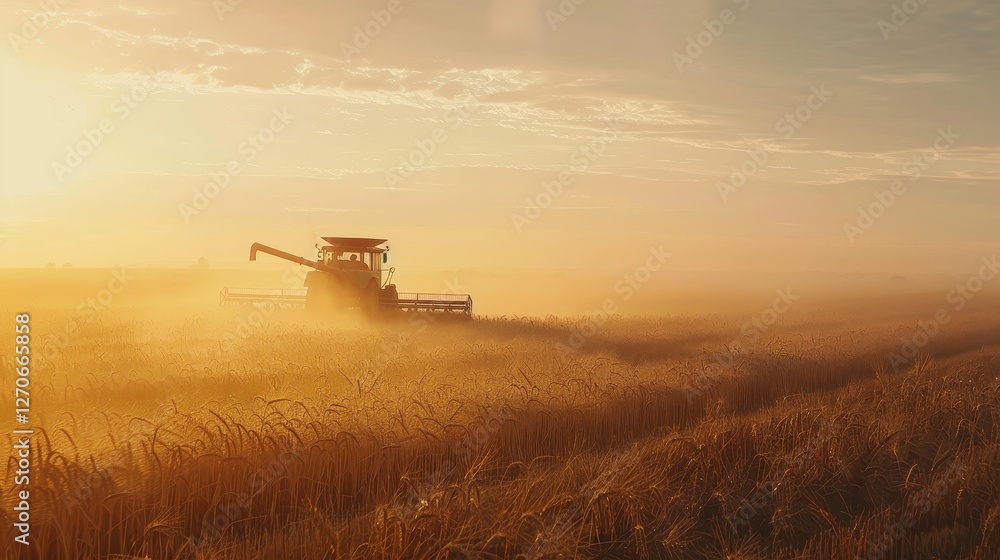 Harvester in a field at sunrise marking the start of a new day Harvester in a field at sunrise marking the start of a new day