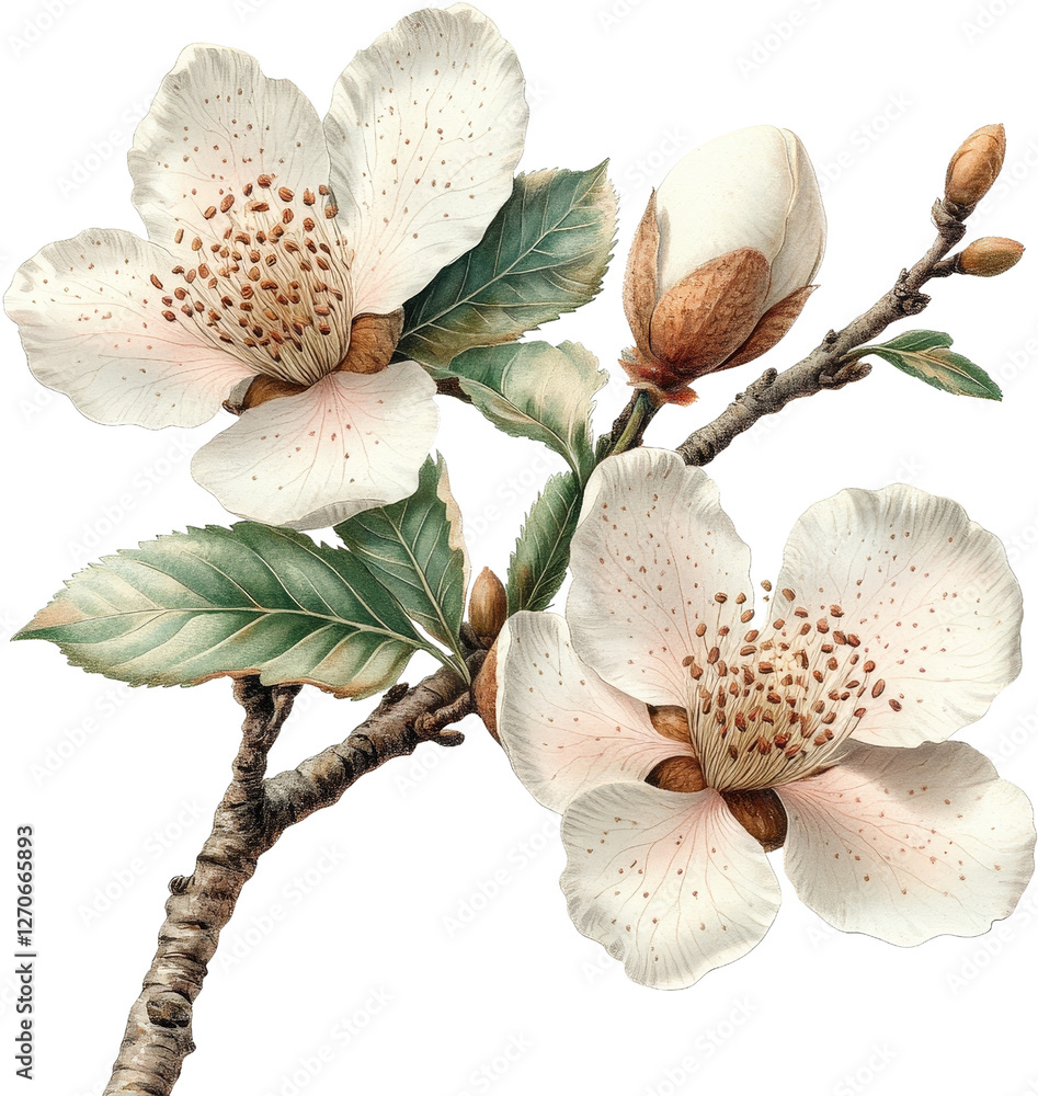 Beautiful white floral branch with leaves Beautiful white floral branch with leaves