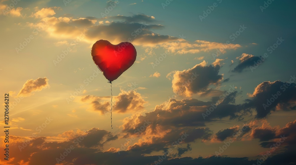 Fototapeta premium Heart-shaped balloon drifting among clouds at sunset, embodying dreams and freedom