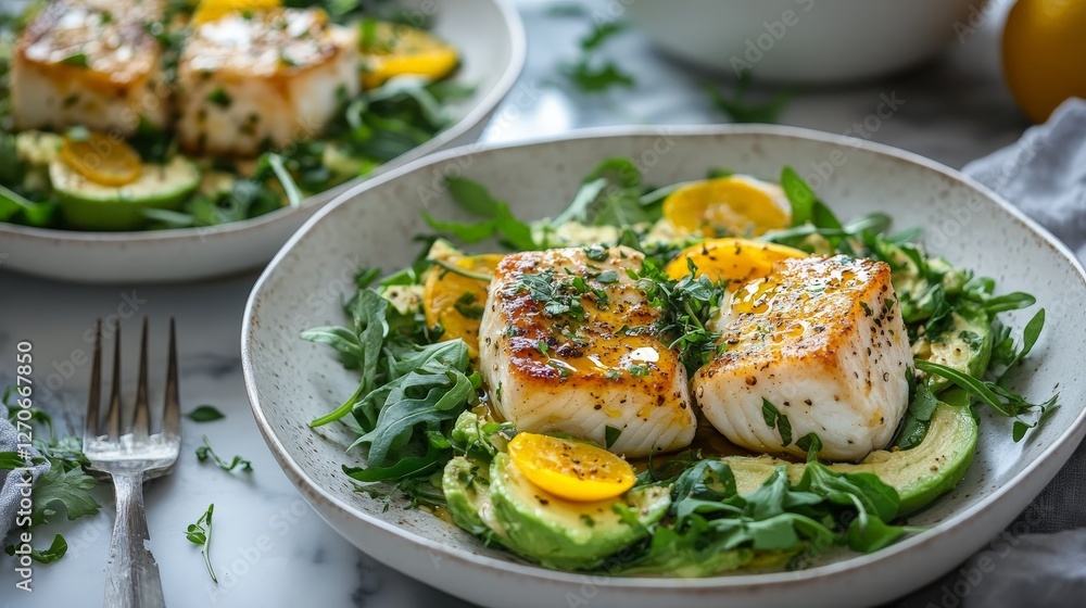 A fresh salad featuring grilled fish, avocado, and citrus on a marble table. A fresh salad featuring grilled fish, avocado, and citrus on a marble table.