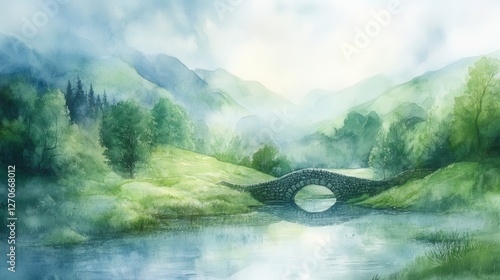 Serene Watercolor Landscape with Stone Bridge and Misty Hills