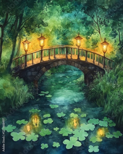 Stone Bridge in a Magical Forest at Night
