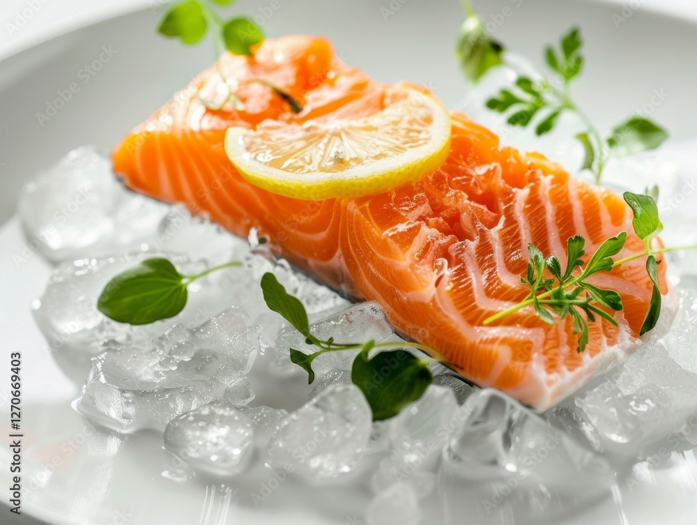 Simple and elegant plate of salmon on ice with lemon and greens Simple and elegant plate of salmon on ice with lemon and greens