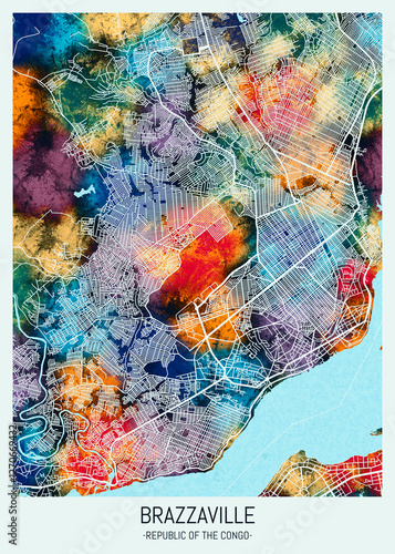 Wallpaper Mural Brazzaville Republic of the Congo Map, background downtown, urban modern colorful, bright graphic design, abstract travel art, new business district, urban artistic detail, paint border downtown Torontodigital.ca