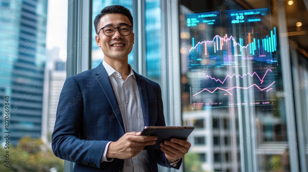 Fototapeta premium Confident Asian Businessman Analyzing Stock Market Data on Tablet