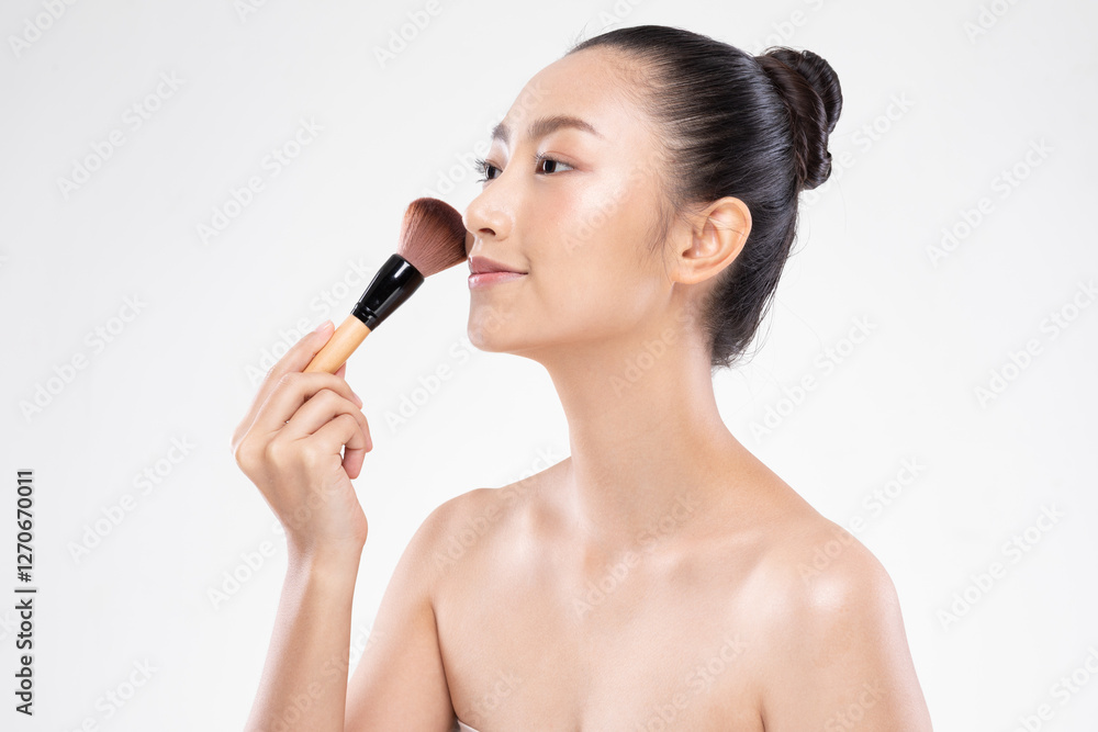 woman with natural makeup look applies blush with brush, showcasing glowing complexion and smooth skin in studio setting woman with natural makeup look applies blush with brush, showcasing glowing complexion and smooth skin in studio setting