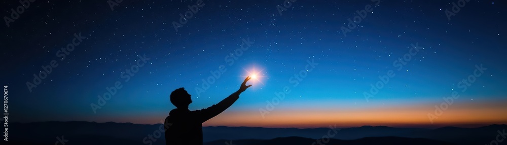 Fototapeta premium A Person Reaching Toward the Stars Under a Vast Night Sky Filled with Twinkling Celestial Bodies Evoking Wonder and Aspiration in the Universe