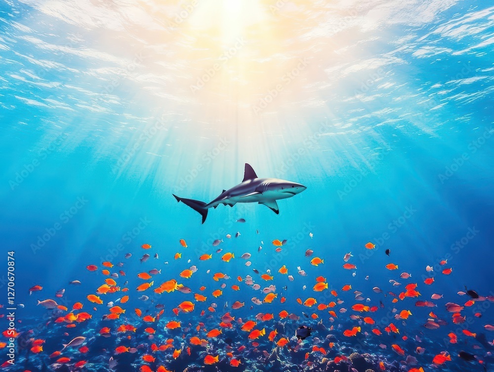 Obraz premium Majestic Shark Gliding Through Vibrant Ocean Waters Surrounded by Schools of Colorful Fish Underneath the Sunlight Creating a Lively Marine Scene