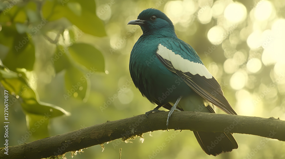 Obraz premium Vibrant Bird Perched on Branch in Sunlit Natural Environment