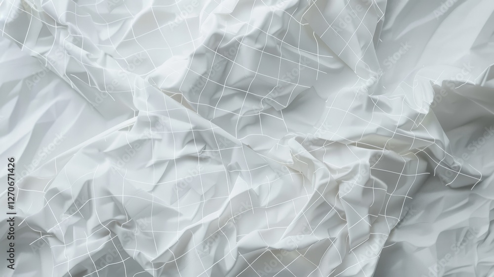 a piece of crumpled white paper with delicate grid lines, rendered in fine detail. The texture should be lifelike a piece of crumpled white paper with delicate grid lines, rendered in fine detail. The texture should be lifelike