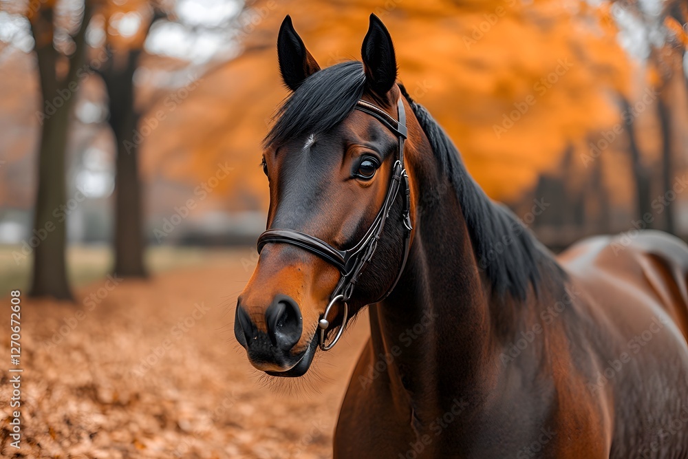 Obraz premium Majestic Brown Horse in Vibrant Autumn Forest Setting for Nature and Wildlife Themes