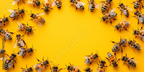 Draufsicht auf einen Rahmen mit Honigbienen und mit Platz für Text in der Mitte - Werbeschild  Flyer photo