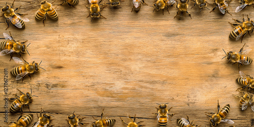 Draufsicht auf einen Rahmen mit Honigbienen und mit Platz für Text in der Mitte - Werbeschild  Flyer photo