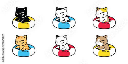 cat vector kitten swimming ring inflatable icon munchkin calico cartoon character swimming pool ocean pet doodle symbol illustration isolated design clip art