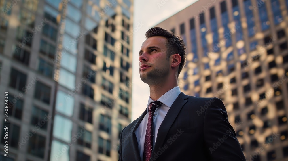 Businessman in suit standing against city skyline background. Businessman in suit standing against city skyline background.