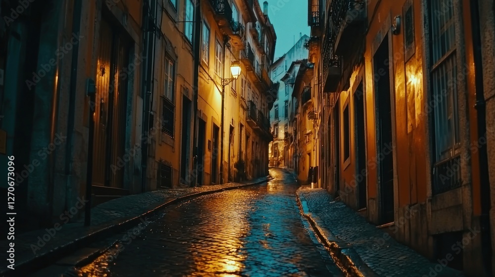 Cobblestone street is illuminated by warm lights in evening Cobblestone street is illuminated by warm lights in evening