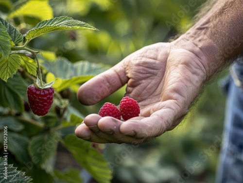 Man enjoying a fresh raspberry, connecting with nature's bounty photo