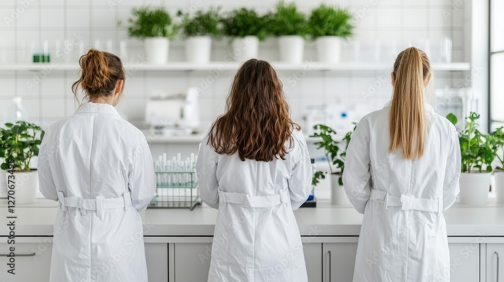 Fototapeta premium Three individuals in white lab coats stand together in a bright modern laboratory filled with plants, facing away from the camera.