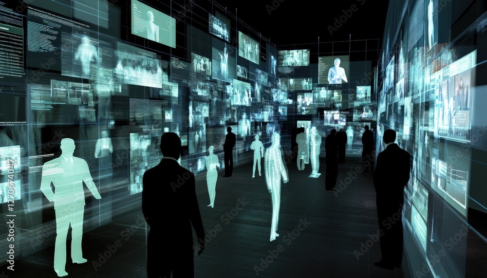 Silhouetted Figures in a Futuristic Digital Space with Glowing Screens Silhouetted Figures in a Futuristic Digital Space with Glowing Screens