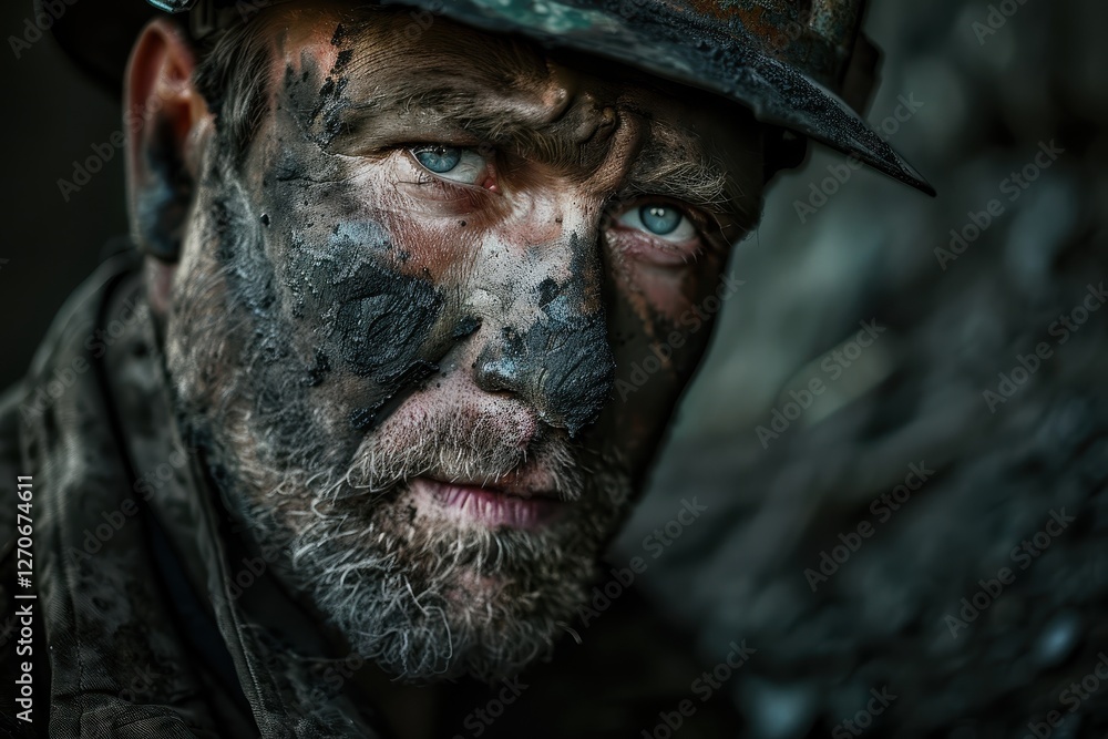 Coal dust-covered miner in dramatic lighting, showcasing rugged features in close-up shot. Coal dust-covered miner in dramatic lighting, showcasing rugged features in close-up shot.