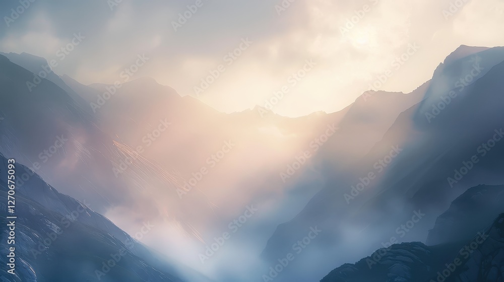 Fototapeta premium Misty Mountains at Dawn with Gentle Sunlight and Calm Atmosphere