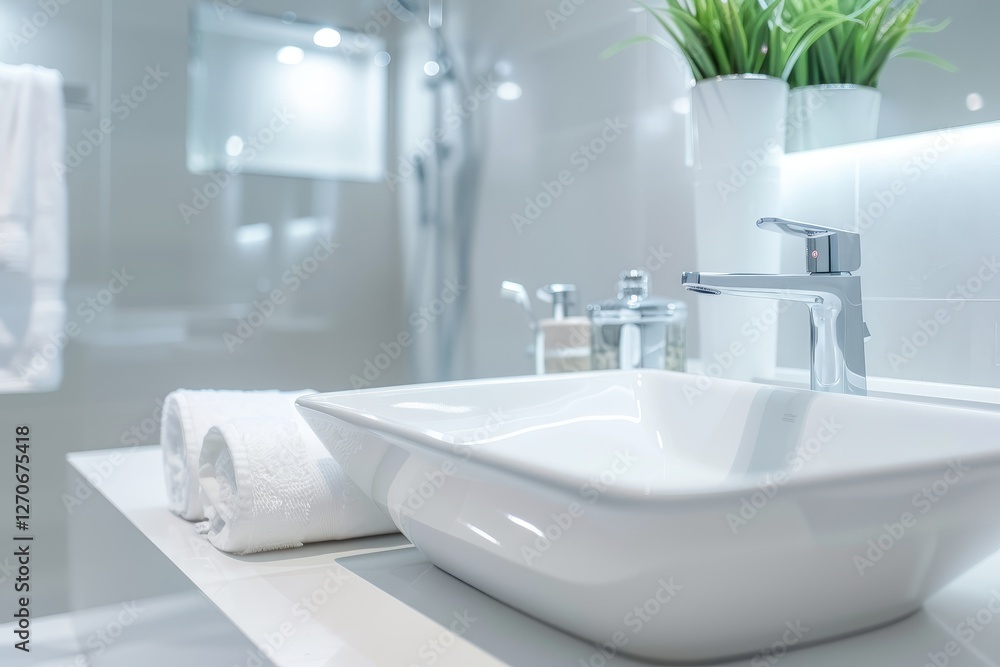 Fototapeta premium Modern bathroom interior with white fixtures and elegant design.