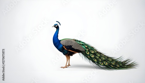 A peacock, positioned in the center-left of the image, is displayed against a plain white background. The peacock is shown in a three-quarter view, 