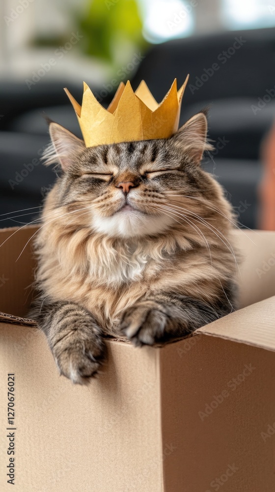 Cat with Golden Crown Sitting in Cardboard Box, Adorable Pet Portrait Cat with Golden Crown Sitting in Cardboard Box, Adorable Pet Portrait