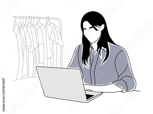 Young woman fashion online retail store owner sitting with laptop, clothes on rack. Preparing purchase orders. Ecommerce, digital business concept. Vector outline drawing isolated