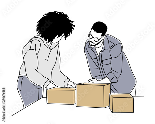 Business couple, young man and woman small business owners packaging purchase orders. Ecommerce, digital business, online retail store concept. Vector outline drawing isolated