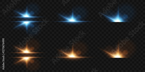 Set of light flashes and glare, glowing star effect, magic light.