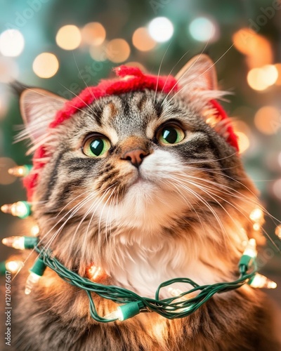 Festive Cat with Christmas Lights and Red Hat Against Bokeh Background photo