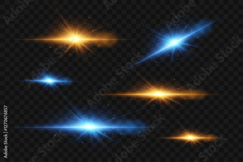 Collection of flashes and effect. The glare of a star, neon lenses. On a transparent background.