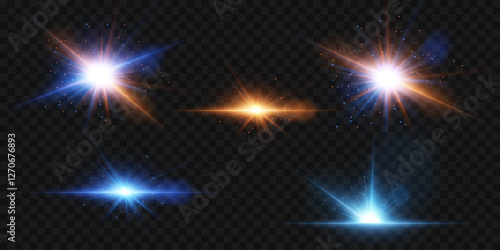 Set of light flashes and glare, glowing star effect, magic light.