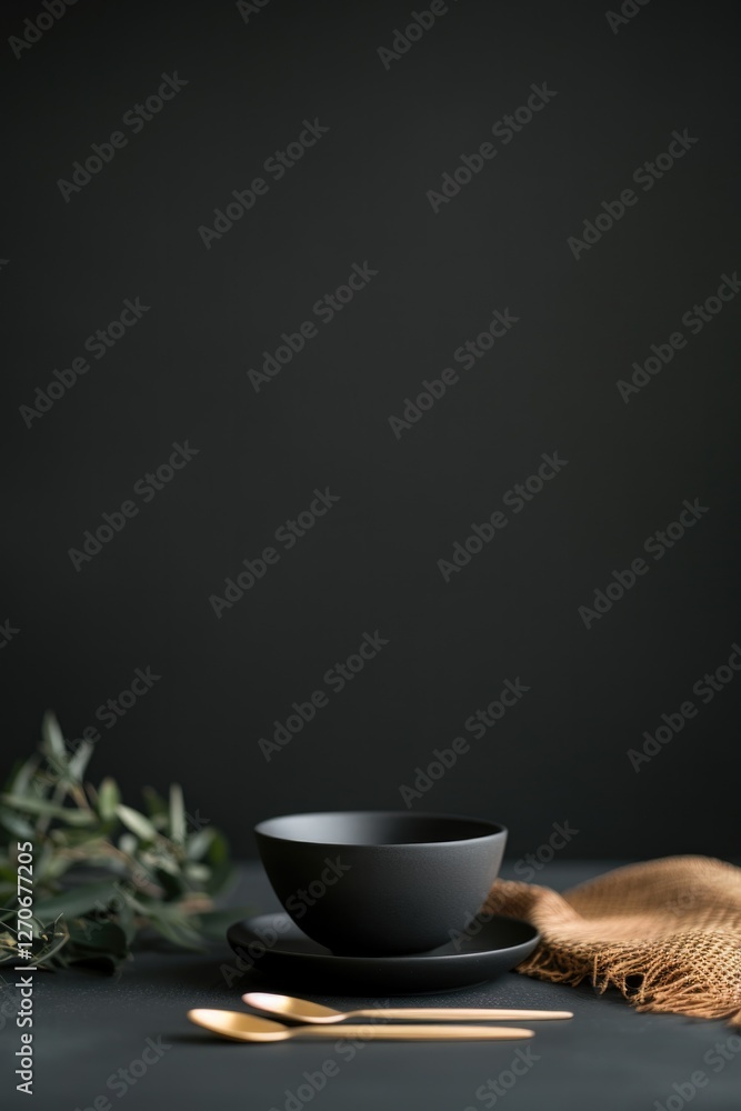 Elegant black bowl set against dark backdrop, accented by golden Elegant black bowl set against dark backdrop, accented by golden
