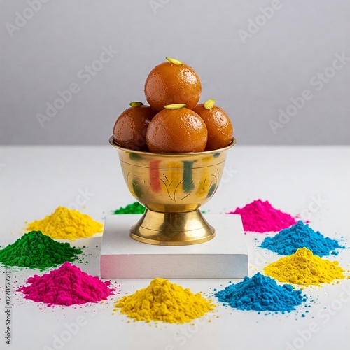Gulab jamun in cup on platform mid of Holi theme colours 