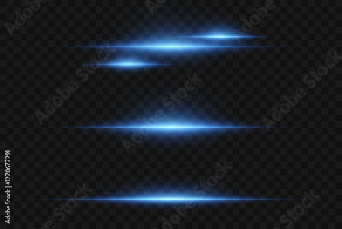 Set of light horizontal lines. Horizontal flare of light, beam effect. Vector illustration