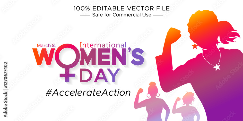 Obraz premium Happy International Women's Day card design. Woman Sign, Logo illustration with Women of different ethnicities are standing together. 2025 campaign theme - #AccelerateAction