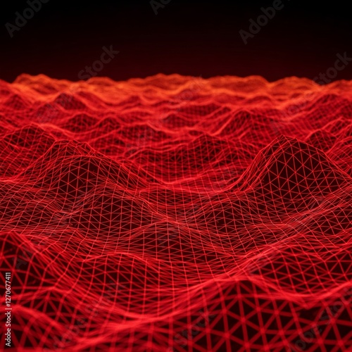3D rendered abstract grid neon topography. Red
 colour mesh terrain.