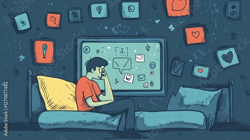 Obraz na płótnie Understanding Social Media Addiction: A Hand-Drawn Vector Illustration w salonie