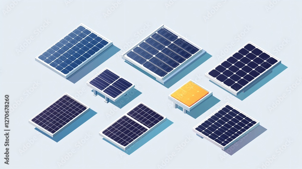 Isometric Solar Panel Icons: Energy Efficiency and Sustainability
