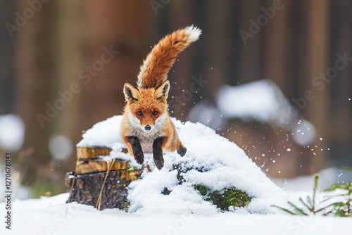 male red fox (Vulpes vulpes) jumping in the snow