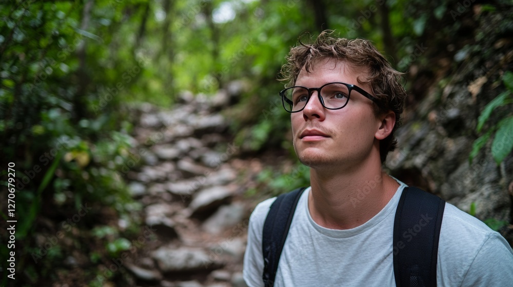 Myopia prevention with a man wearing glasses hiking up a mountain trail. Backpack, trees, sunrise Myopia prevention with a man wearing glasses hiking up a mountain trail. Backpack, trees, sunrise